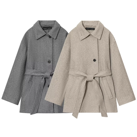 Cappotto da Donna in Lana Monopetto con Revers Media Lunghezza Tinta Unita Con Cintura Autunno Inverno Casual Streetwear Giacca