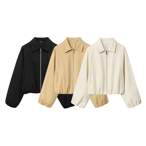 Women's Casual Short Jacket Zip Up Puffed Hem Long Sleeve Lapel Streetwear Autumn Outerwear Black Cream Khaki Polyester Coat