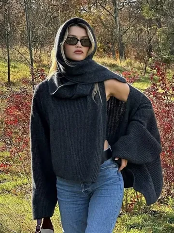 Pull Femme Oversize en Maille Nervurée Avec Écharpe Assortie Col Bénitier Épaules Tombantes Pullover Ample Manches Longues