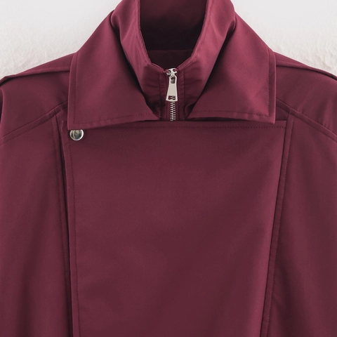 Chaqueta Casual Para Mujer Color Burdeos Cremallera Asimétrica Cuello Doble A Prueba De Viento Manga Larga Ropa De Calle Con Hombreras