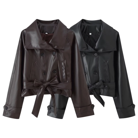 Dames Mode PU Leer Korte Trenchcoat Double-Breasted Revers Jas Met Riem Effen Kleur Winddichte Bovenkleding Casual