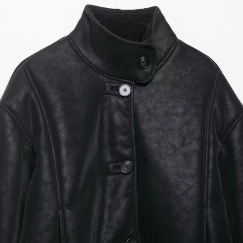 Giacca da Donna in Finta Pelle Scamosciata Bifacciale Con Fodera in Finta Lana di Agnello Revers Monopetto Cappotto Corto Streetwear