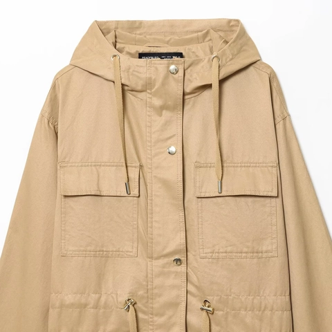 Women Casual Khaki Hooded Windbreaker Jacket With Multi Pockets Drawstring Waist Streetwear Fashion Long Sleeve Outerwear