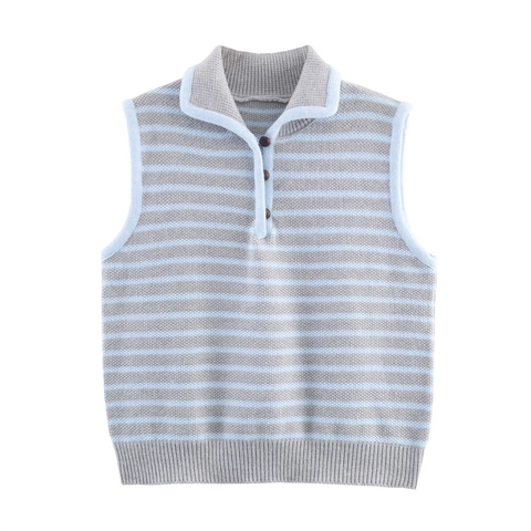 Women's Autumn Striped Knitted Vest Polo Lapel Collar Sleeveless Sweater Top Slim Casual Grey Blue Fashion Waistcoat Cardigan