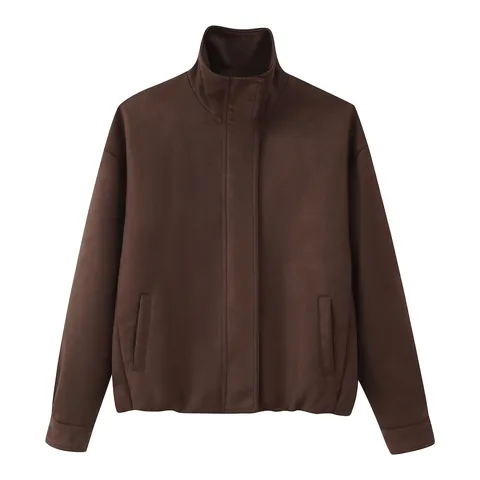 Giacca da Donna Casual in Similpelle Scamosciata con Collo Alto Manica Lunga Cerniera Vestibilità Ampia Marrone Cappotto