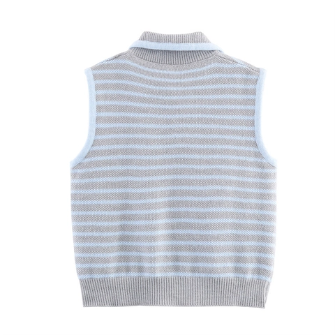 Women's Autumn Striped Knitted Vest Polo Lapel Collar Sleeveless Sweater Top Slim Casual Grey Blue Fashion Waistcoat Cardigan