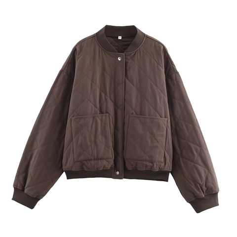 Damen Casual Steppjacke Bomberjacke Lockerer Schnitt Rautenmuster Druckknopf Rippstrick Kaffee Braun Mode Jacke