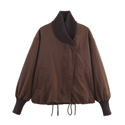 Veste Femme Décontractée Ample Marron Patchwork Nervuré Avec Ourlet à Cordon Manche Lanterne Col Montant Streetwear
