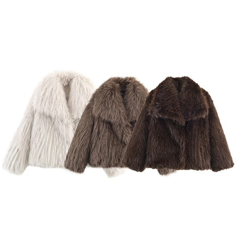 Women Stylish Fashion Faux Fur Jacket Broad Lapel Collar Loose Warm Coat Single Breasted Autumn Winter Streetwear Outerwear