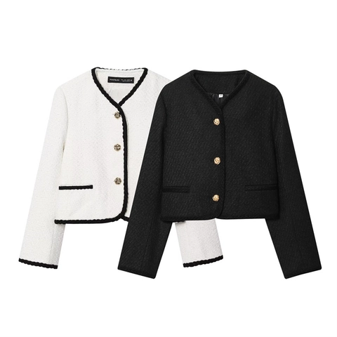 Women Elegant Tweed Jacket Vintage Contrast Trim Long Sleeve Round Neck Single Breasted Casual Outerwear Coat Fashion