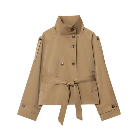 Women's Khaki Short Trench Coat Double Breasted Stand Collar With Waist Belt And Epaulettes Elegant Casual Windbreaker Jacket