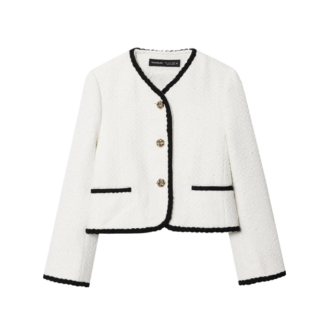 Women Elegant Tweed Jacket Vintage Contrast Trim Long Sleeve Round Neck Single Breasted Casual Outerwear Coat Fashion