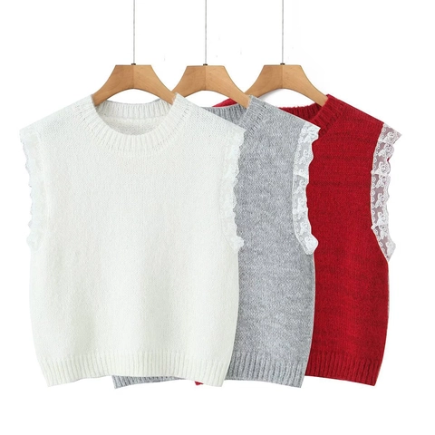 Chaleco de Punto para Mujer de Cuello Redondo Sin Mangas Con Patchwork de Encaje Blanco Informal de Color Sólido