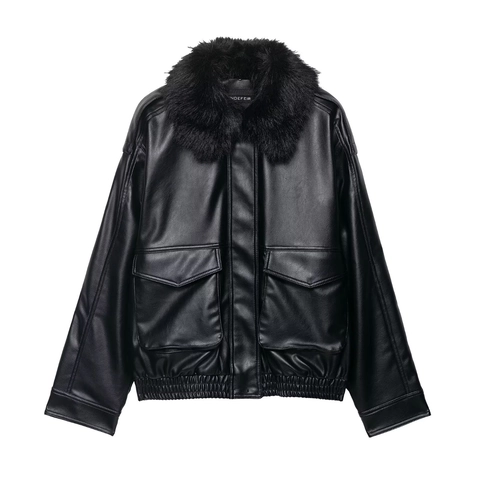 Chaqueta de Cuero Sintético Para Mujer Con Cuello de Piel Sintética Desmontable Manga Larga PU Moto Biker Abrigo Otoño Invierno