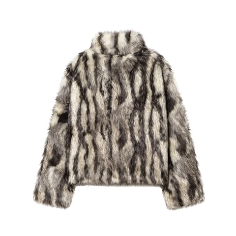 Chaqueta de Piel Sintética Casual para Mujer Color Mixto Cuello Alto Manga Larga Cremallera Holgada Otoño Invierno Abrigo