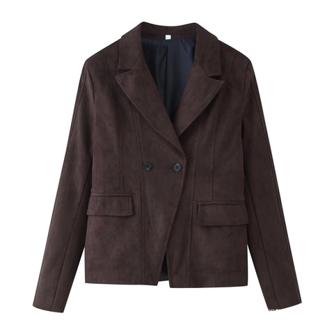 Dames Vintage Faux Suède Revers Jasje Double-breasted Lange Mouwen Casual Bruin Streetwear Jas Met Zakken Effen Kleur Outwear