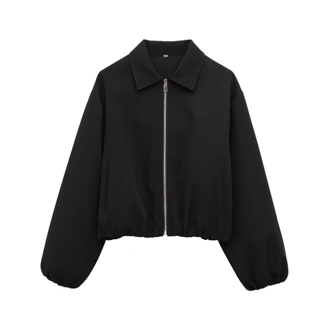 Women's Casual Short Jacket Zip Up Puffed Hem Long Sleeve Lapel Streetwear Autumn Outerwear Black Cream Khaki Polyester Coat