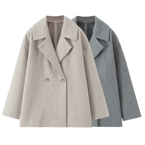 Cappotto di Lana Casual da Donna Doppiopetto Revers Tinta Unita Manica Lunga Largo Media Lunghezza Giacca Outwear per Autunno Inverno