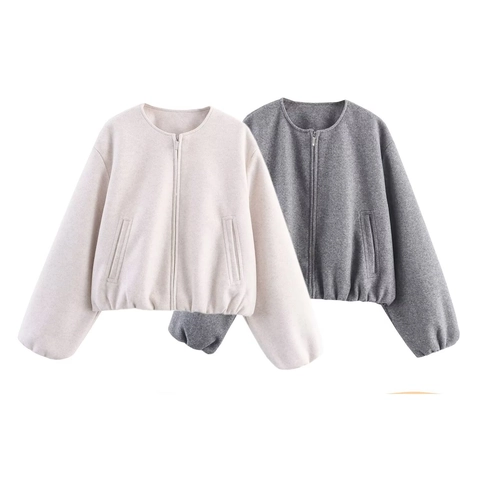Women Fashion Round Neck Zip Up Bomber Jacket Solid Color Long Sleeve Casual Soft Wool Like Fleece Loose Fit Fall Outerwear