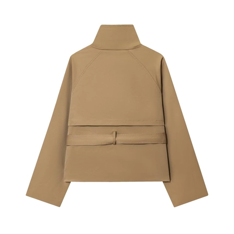 Women's Khaki Short Trench Coat Double Breasted Stand Collar With Waist Belt And Epaulettes Elegant Casual Windbreaker Jacket