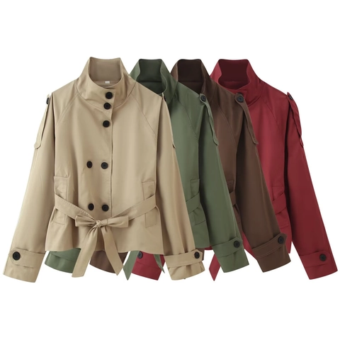 Dames Double-Breasted Korte Trenchcoat Opstaande Kraag Casual Windjack Met Riem Herfst Lente Mode Bovenkleding