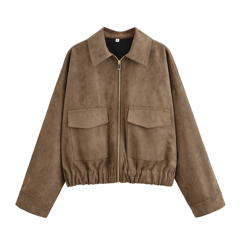 Giacca da Donna Scamosciata Con Cerniera Revers Largo Manica Lunga Cappotto Corto Con Tasche Stile Occidentale Casual Autunno Inverno