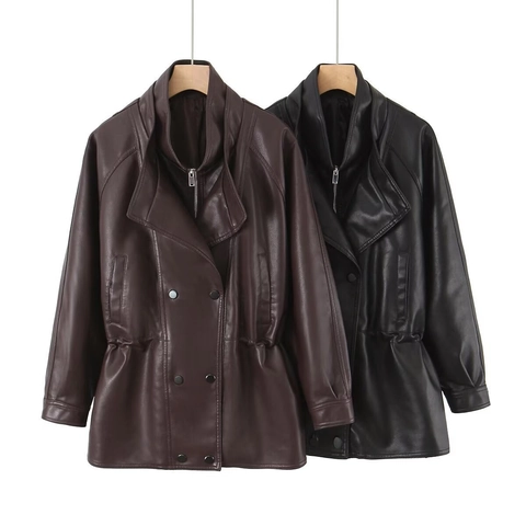 Damen Mode Doppelreihige PU Lederjacke Doppelkragen Kordelzug Taille Mittellange Casual Oberbekleidung Mantel Für Herbst