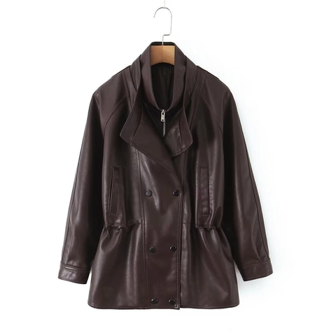 Damen Mode Doppelreihige PU Lederjacke Doppelkragen Kordelzug Taille Mittellange Casual Oberbekleidung Mantel Für Herbst