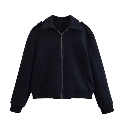 Giacca da Donna Casual Blu Marino Effetto Lana con Cerniera Manica Lunga Cappotto con Revers e Spalline Streetwear