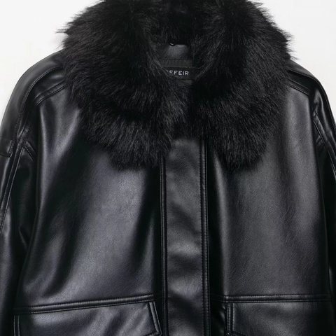 Chaqueta de Cuero Sintético Para Mujer Con Cuello de Piel Sintética Desmontable Manga Larga PU Moto Biker Abrigo Otoño Invierno
