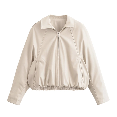 Chaqueta de Cuero PU Casual para Mujer Solapa Manga Larga Cremallera Bomber Streetwear Outwear Color Sólido