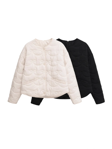 Giacca Trapuntata Casual da Donna Motivo a Fiocco Girocollo Monopetto Cappotto Imbottito Leggero Streetwear Moda Capispalla