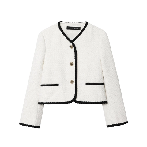Women Elegant Tweed Jacket Vintage Contrast Trim Long Sleeve Round Neck Single Breasted Casual Outerwear Coat Fashion