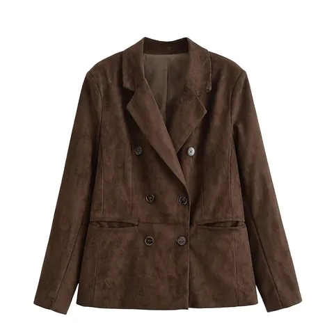 Women Fashion Faux Suede Blazer Jacket Double Breasted Lapel Collar Brown Solid Color Long Sleeve Casual Office Suit Coat