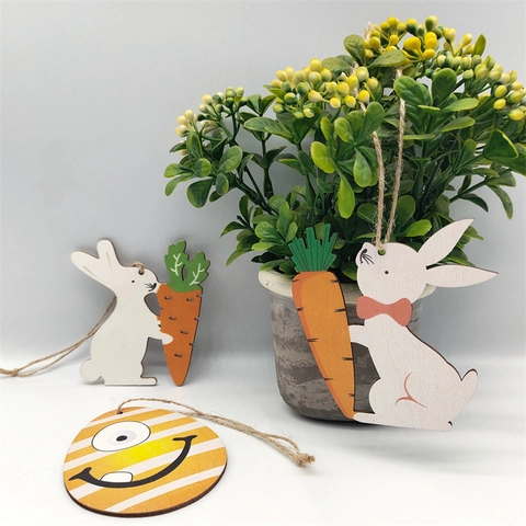 Ornamenti da Appendere in Legno di Pasqua Cartone Animato Coniglio Uovo di Pasqua Carota Forme Fette di Legno Dipinto Bosso Per Decorazione Festa Casa