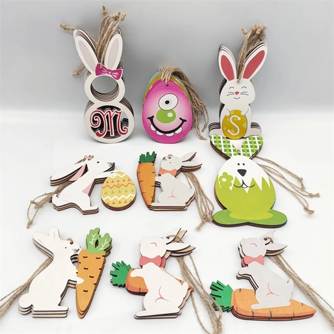 Ornamenti da Appendere in Legno di Pasqua Cartone Animato Coniglio Uovo di Pasqua Carota Forme Fette di Legno Dipinto Bosso Per Decorazione Festa Casa