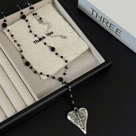 Collana A Y Gotica Con Pendente Cuore Croce Traforato Perline Di Vetro Lega Catena Maglione Per Donne