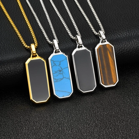 Collar Colgante Rectángulo Hombre Acero Inoxidable Ojo De Tigre Piedra Esmalte Negro Joyería Geométrica Cadena Minimalista