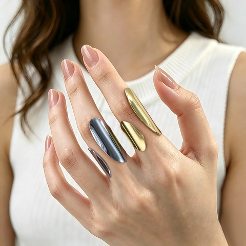 Anello Geometrico Irregolare Acciaio Inossidabile Placcato Oro 18K Fascia Larga Aperta Regolabile Lucidato A Specchio Minimalista Donne