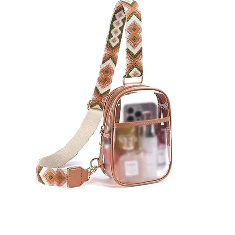 Stadium Approved Clear PVC Crossbody Chest Bag With Bohemian Woven Strap Transparent Shoulder Bag For Concerts Travel Women
