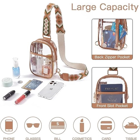 Stadium Approved Clear PVC Crossbody Chest Bag With Bohemian Woven Strap Transparent Shoulder Bag For Concerts Travel Women