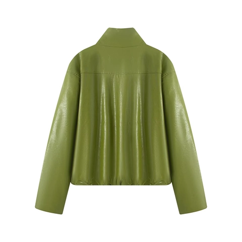 Set in Pelle PU Donna Verde Avocado Giacca con Cerniera e Collo Alto e Mini Abito a Fascia Bodycon Outfit Streetwear
