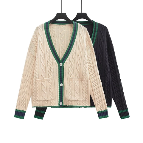 Cardigan in Maglia a Trecce Casual da Donna Scollo a V con Finiture a Righe Monopetto Cappotto in Maglia Corto
