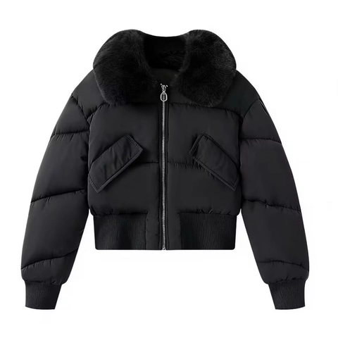 Chaqueta Acolchada Corta para Mujer Con Cuello de Pelo Sintético Desmontable Cremallera Invierno Cálido