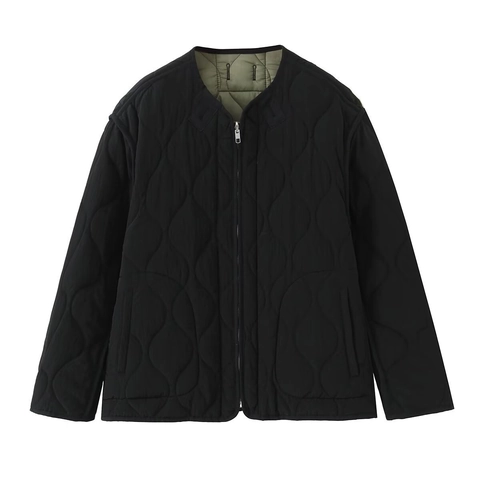 Women Reversible Quilted Jacket Diamond Pattern Loose Zip Up Round Neck Cotton Padded Coat Pocket Outerwear Autumn Winter