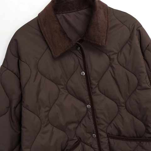 Giacca Trapuntata Vintage da Donna Con Colletto in Velluto a Coste Oversize Motivo a Onde Cappotto Imbottito Casual