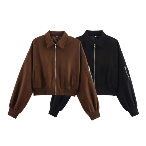 Chaqueta Corta de Gamuza para Mujer Otoño Invierno Moda Callejera Solapa Cremallera Bomber Color Sólido Manga Larga Abrigo