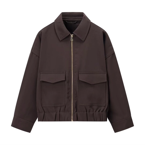 Damen Casual Lockerer Reißverschluss Jacke Dunkelbraun Langarm Reverskragen Mantel Mit Großen Taschen Streetwear Jacke
