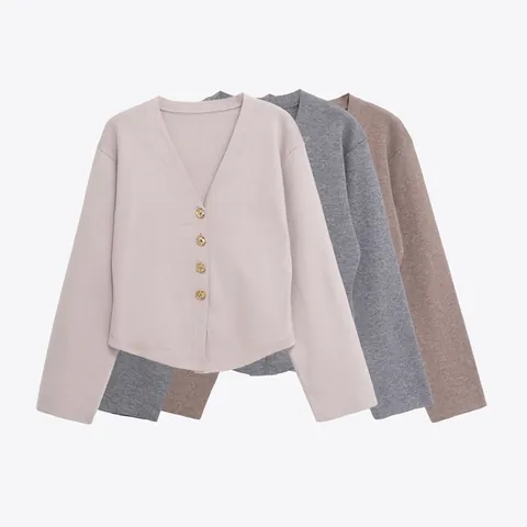Damen Elegant Strickjacke Und Weites Bein Hosen Einfarbig V-Ausschnitt Top Mit Goldenen Knöpfen Casual Herbst