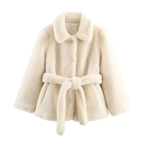 Damen Winter Kunstpelz Jacke Off White Revers Mittellang Mantel Mit Gürtel Einfarbig Warm Streetwear Oberbekleidung